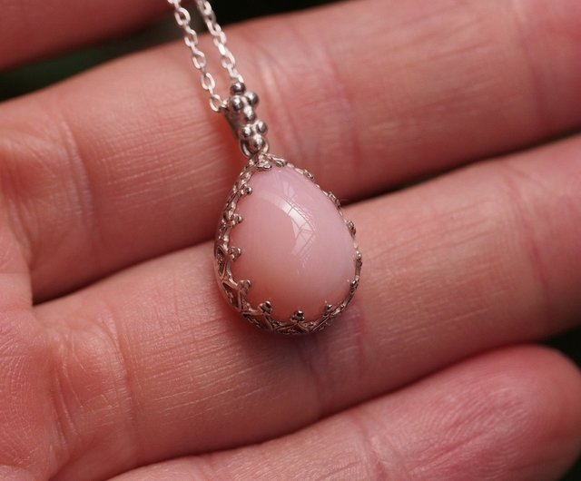 天然ピンクオパール 純銀製ハンドメイドネックレス Pink Opal handmade