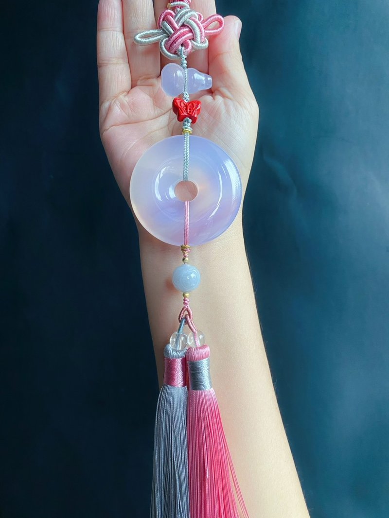 翡翠 天然 紫瑪瑙 大平安扣 葫蘆 硃砂 禮物 車掛 包掛 蝴蝶 - 手機掛繩/背帶 - 水晶 紫色