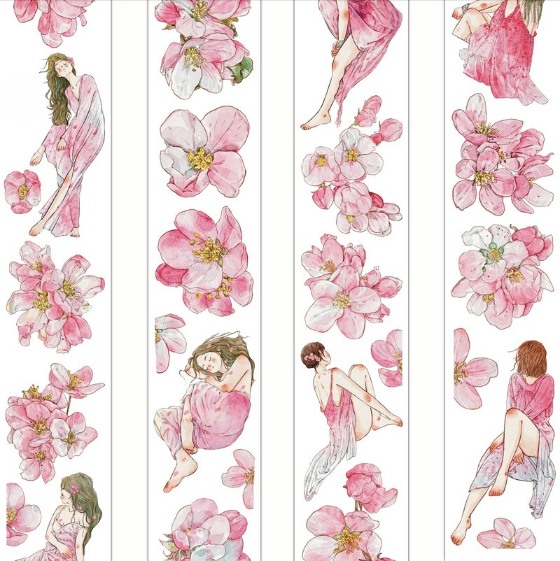 Begonia Miemianhua and Girl PET cut sticker roll and paper tape 5 meters roll (kiss-cut) - มาสกิ้งเทป - วัสดุอื่นๆ สึชมพู