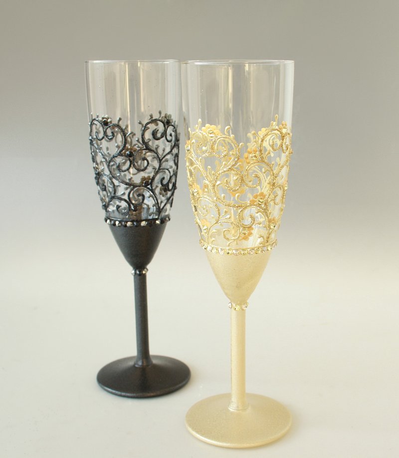 Gold Black Wedding Customized Glasses Champagne Hand Painted set of 2 - 酒杯/酒器 - 玻璃 金色