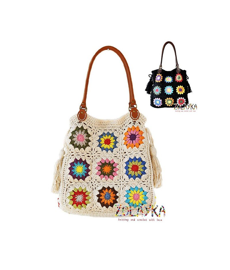 ผ้าฝ้าย/ผ้าลินิน กระเป๋าถือ หลากหลายสี - Colorful granny squares shoulder bag, cotton hippie bag with tassels and leather