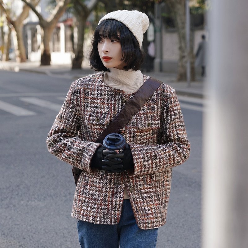 羊毛粗花呢圓領短外套|外套|冬款|羊毛|Sora-877 - 女大衣/外套 - 羊毛 