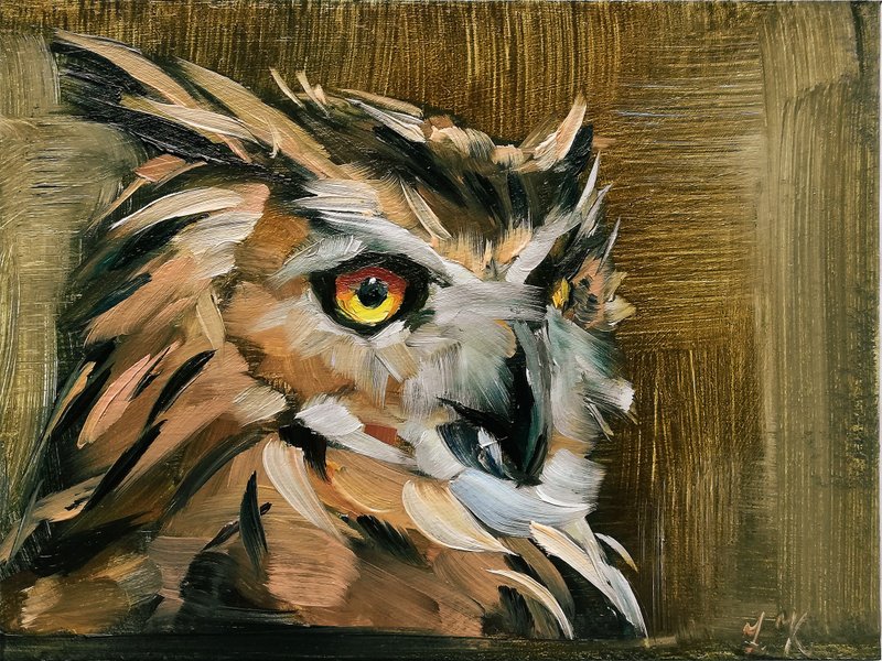Owl Painting Original Bird Oil Painting Wildlife Wall Art Animal Wall Decor - 海報/掛畫/掛布 - 其他材質 多色