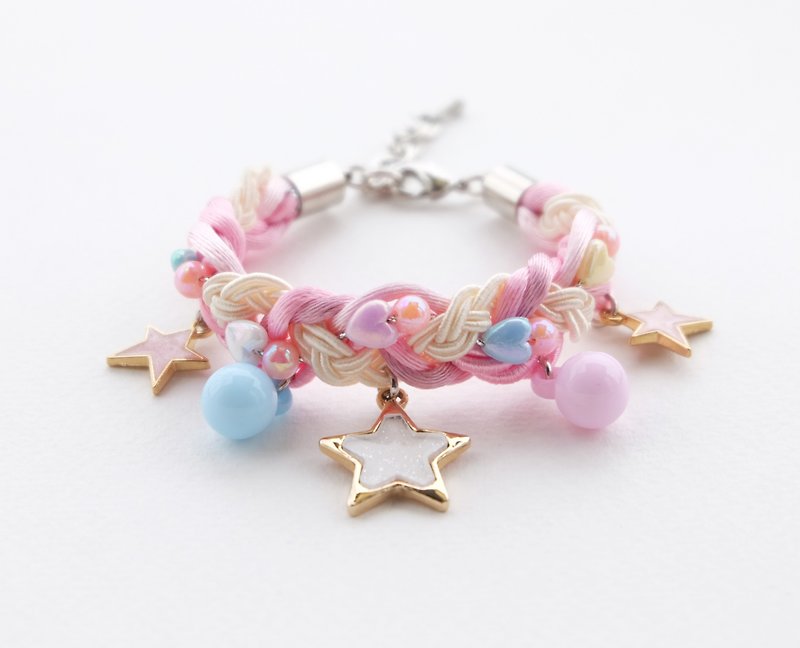 Pink blue braided bracelet with white glittering and lilac stars - Bracelets - Polyester Pink