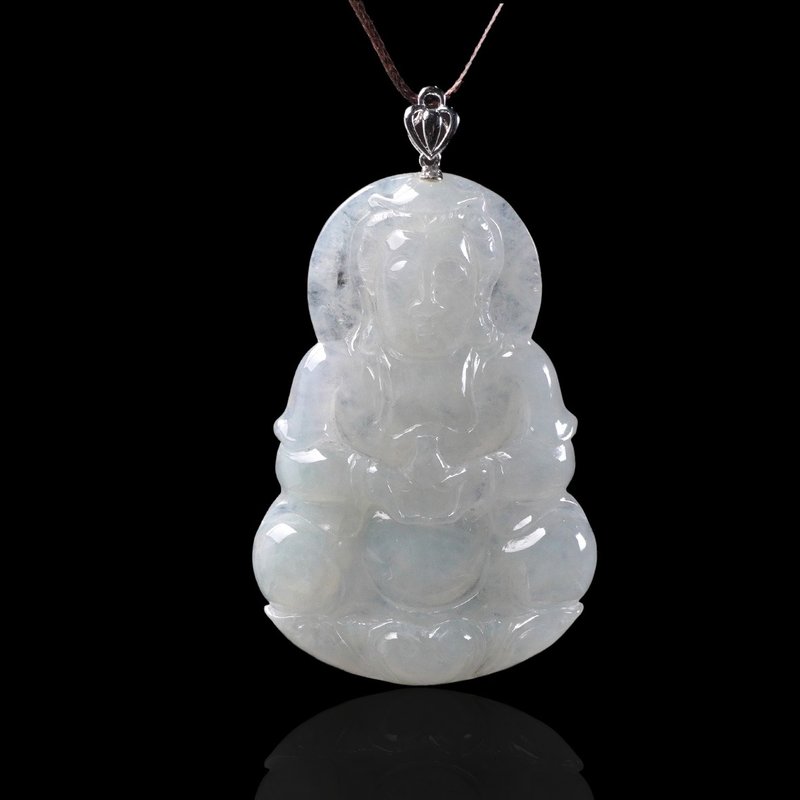 冰種翡翠寶瓶觀音菩薩項鍊 18K金墜頭 | 天然緬甸翡翠A貨 | 送禮 - 項鍊 - 玉石 白色