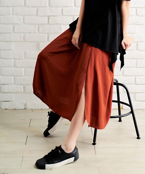 另想法設計 By Gary Lin 可褲可裙鬆緊帶褲裙-橘紅條紋-日本製布料