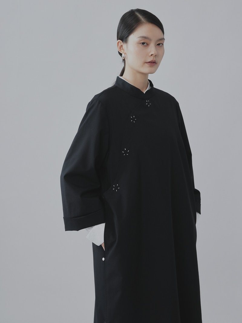 新中国風ロングウールコート（黒） - ジャケット - ウール ブラック