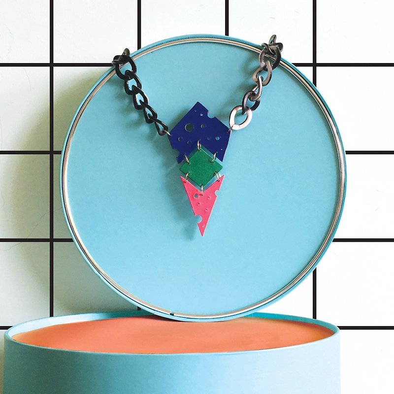 Geometry Colour Block Leather Necklace - สร้อยติดคอ - หนังแท้ สีน้ำเงิน