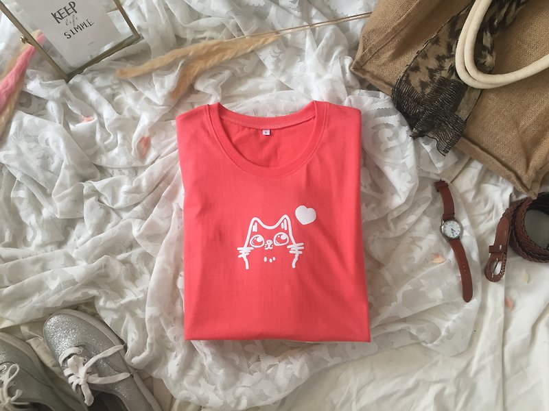 Old Rose Cotton T-Shirt cute cat design - T 恤 - 棉．麻 多色
