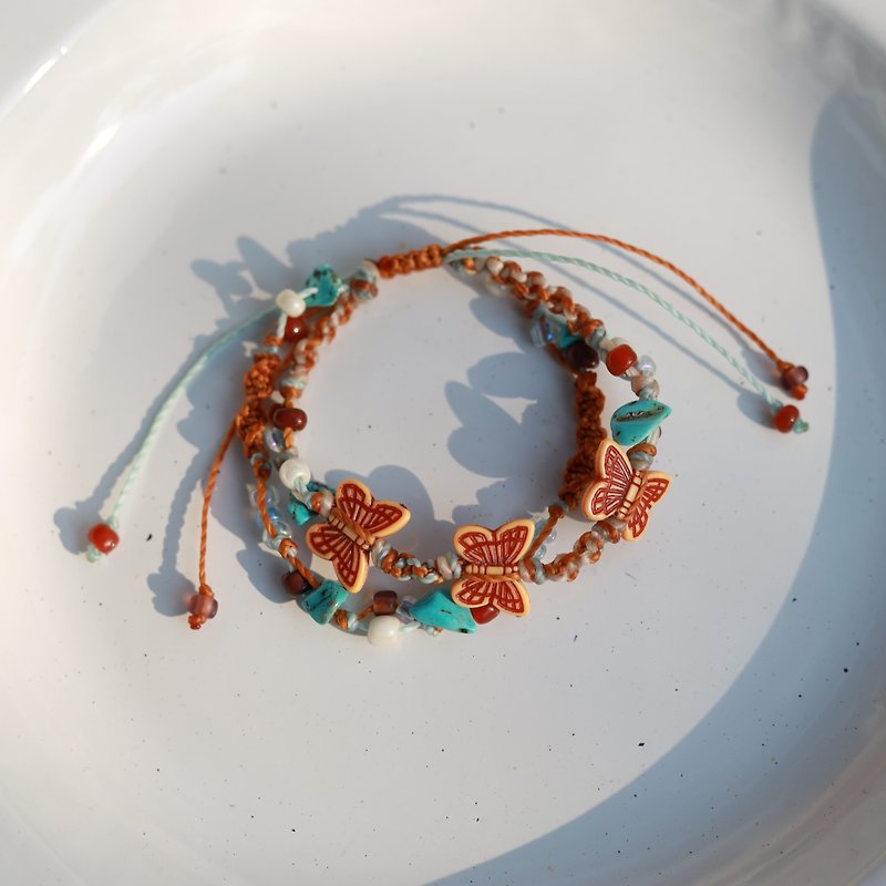 Brown butterfly turquoise stone woven waxed cord double layered bracelet - สร้อยข้อมือ - งานปัก สีน้ำเงิน