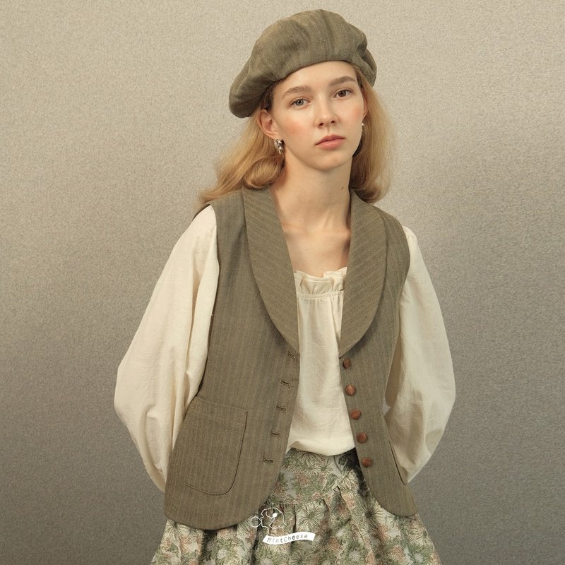 MintCheese 英倫少年氣 騎士青果領古典人字紋棕馬甲/貝雷帽 - 帽子 - 其他材質 多色