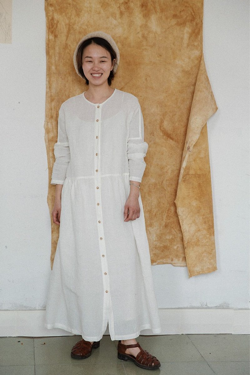 White plant-dyed small round neck front button dress 100% linen loose long-sleeved organ Japanese large swing dress - One Piece Dresses - Cotton & Hemp White
