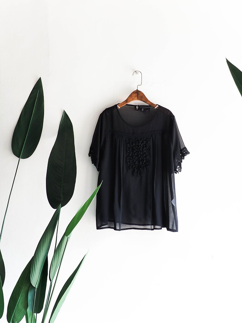 河水山 - Hyogo cool autumn embroidery discount antique silk-spun gauze shirt top - Women's Shirts - Polyester Black