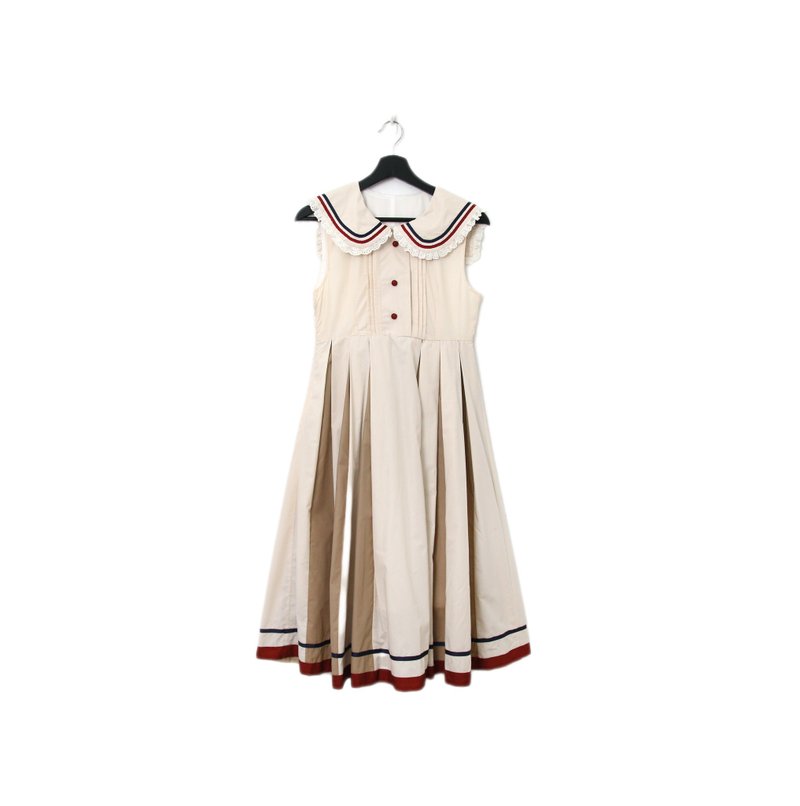 Back to Green-復古長洋裝 海軍領 卡其百褶 Ls-03/vintage dress - 洋裝/連身裙 - 棉．麻 