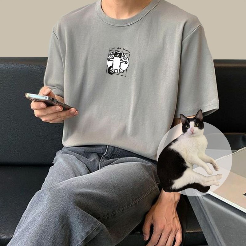 【限定ペット風手描き】キュートペット×ダ・ヴィンチシリーズ ヘビードレープTシャツ - 似顔絵 - コットン・麻 ホワイト