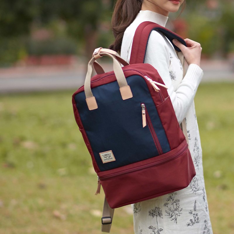 Picnic portable backpack [burgundy x dark blue] size M - กระเป๋าเป้สะพายหลัง - วัสดุกันนำ้ สีแดง