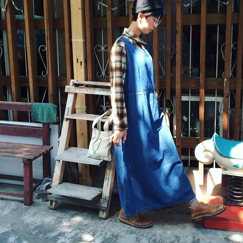 Dark blue denim denim loose straight small A-line long dress. vest skirt | vintage Wan Hao vintage - One Piece Dresses - Cotton & Hemp 
