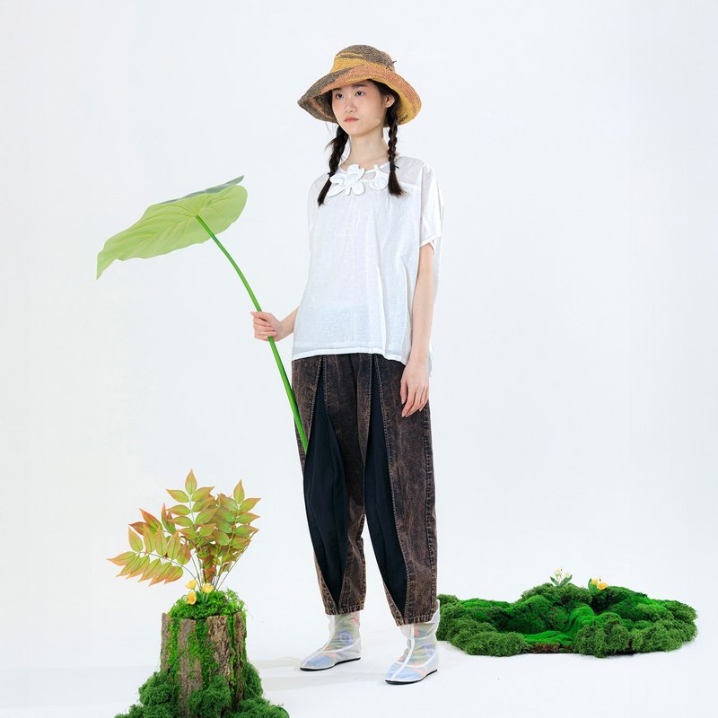 開闔間盒褶鬆緊錐形褲 - 女長褲 - 棉．麻 藍色