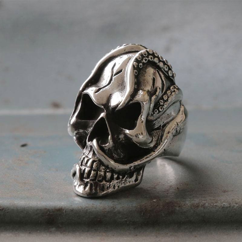 Mexican Biker Ring Skull sterling silver squid octopus Heavy metal Kraken Giant - General Rings - Other Metals Silver