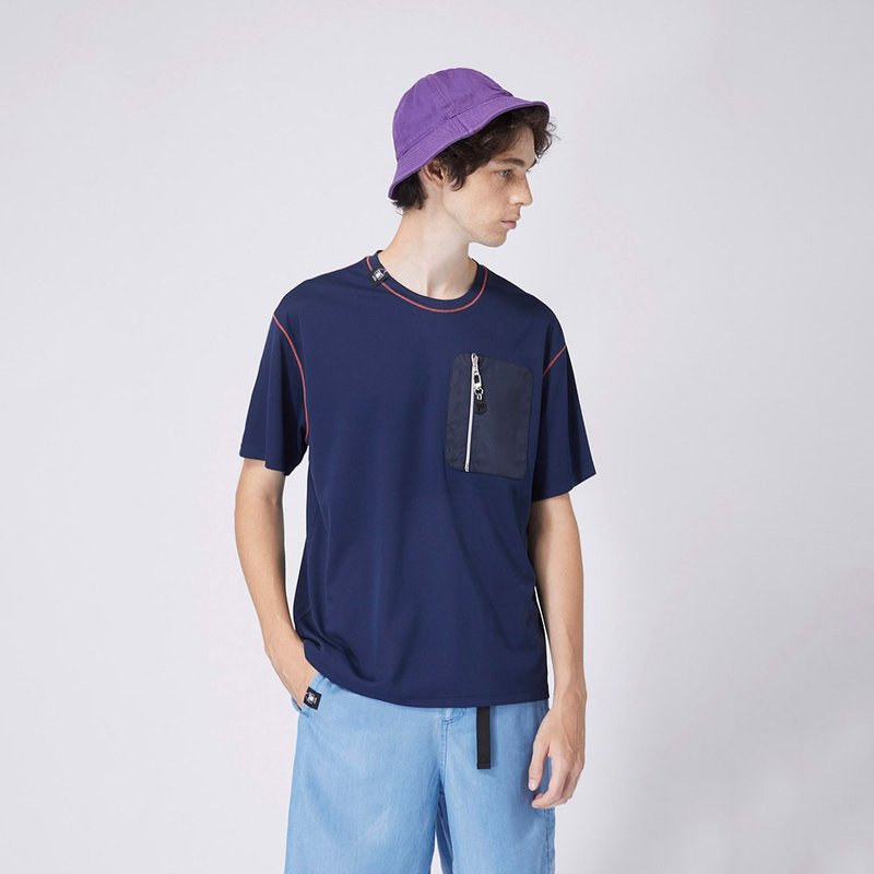 【中性款】收納口袋短袖上衣 / 藏青 - 男 T 恤 - 其他材質 藍色