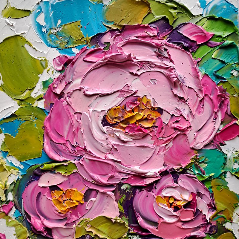 Pink Roses Oil Painting Flowers Impasto Artwork - Wall Décor - Other Materials Multicolor