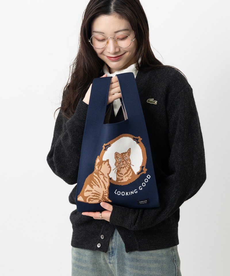 Jubilee ニットトートバッグ 猫 犬 デザイン マルシェバック キャット アートデザイン 27.Navy - 手提包/手提袋 - 聚酯纖維 藍色