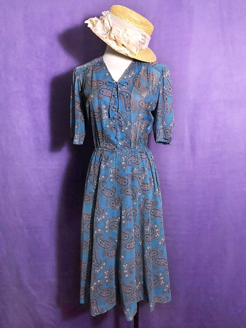 Totem Bow Tie Short Sleeve Vintage Dress / Foreign Return to VINTAGE - ชุดเดรส - เส้นใยสังเคราะห์ สีน้ำเงิน