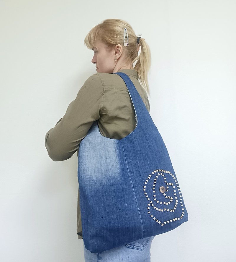 Denim shoulder bag, shopper bag,summer bag,eco-bag - กระเป๋าถือ - วัสดุอื่นๆ สีน้ำเงิน
