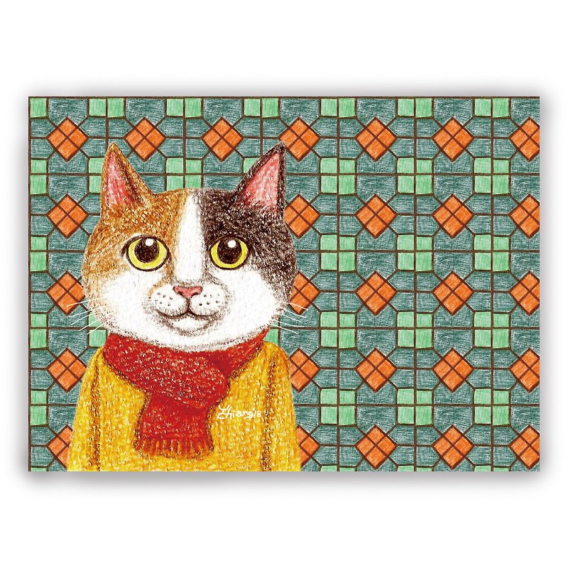 Hand-painted illustration universal card/postcard/card/illustration card--retro tile 04+ sweater three-flower cat - Cards & Postcards - Paper 
