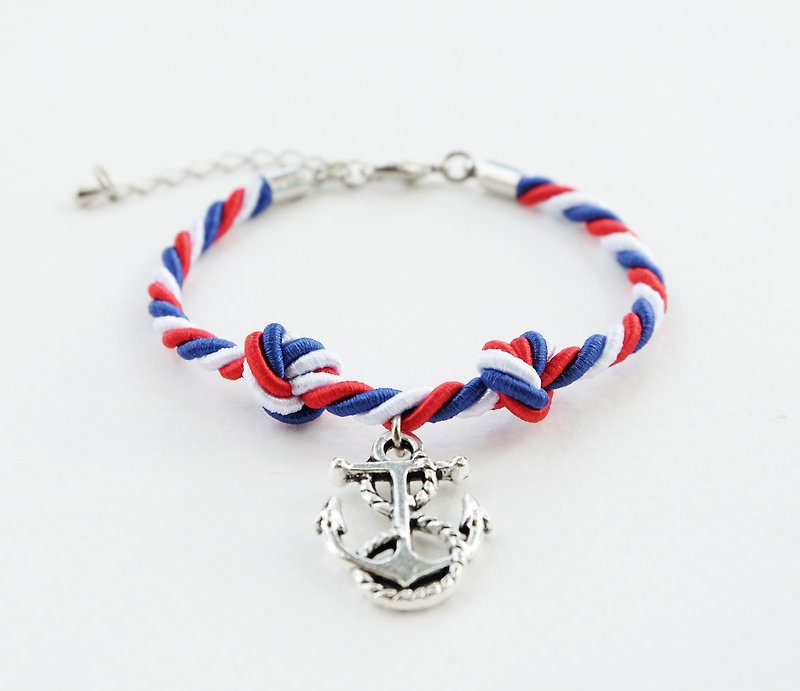 Red/white/blue knot rope bracelet with anchor charm - สร้อยข้อมือ - กระดาษ สีน้ำเงิน