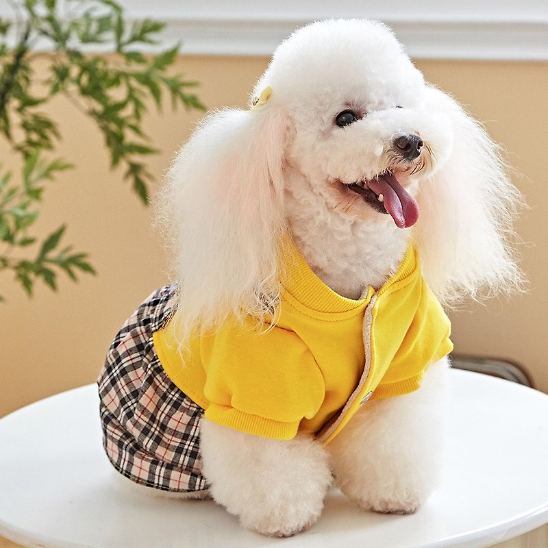 寵物衣服 兩件式格紋吊帶裙 - 寵物衣服 - 棉．麻 黃色