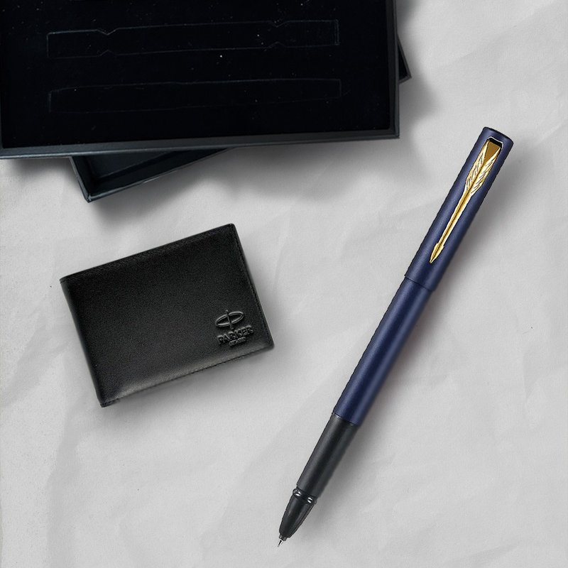 Parker 派克 威雅XL 海軍藍鋼珠筆  牛皮短夾禮盒 免費刻字 - 鋼珠筆 - 其他金屬 藍色