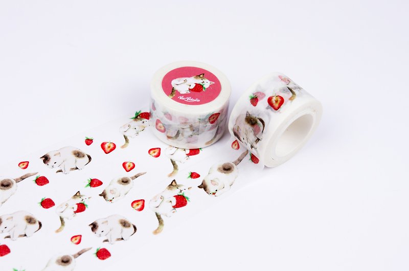 果動貓貓草莓 紙膠帶 2.5cm - 紙膠帶 - 紙 粉紅色