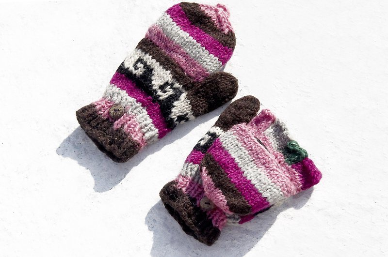 Christmas gift ideas gift exchange gifts limited a hand-woven wool knit gloves / detachable gloves / bristle gloves / warm gloves (made in nepal) - Moroccan pink playful hit color ocean totem - ถุงมือ - ขนแกะ หลากหลายสี