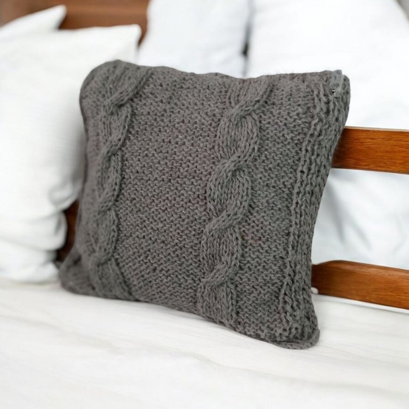 Gray Handmade Braided Wool Cushion Cover Pillow for Living Room Sofa - 枕頭/抱枕 - 羊毛 灰色