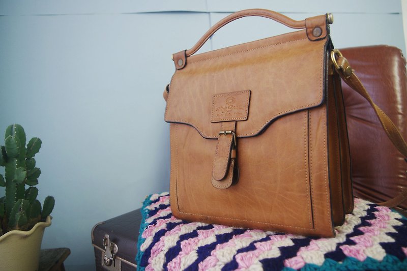 European Treasure Hunting Antique Bag - Early British Leather Neutral Briefcase - กระเป๋าแมสเซนเจอร์ - หนังแท้ สีนำ้ตาล