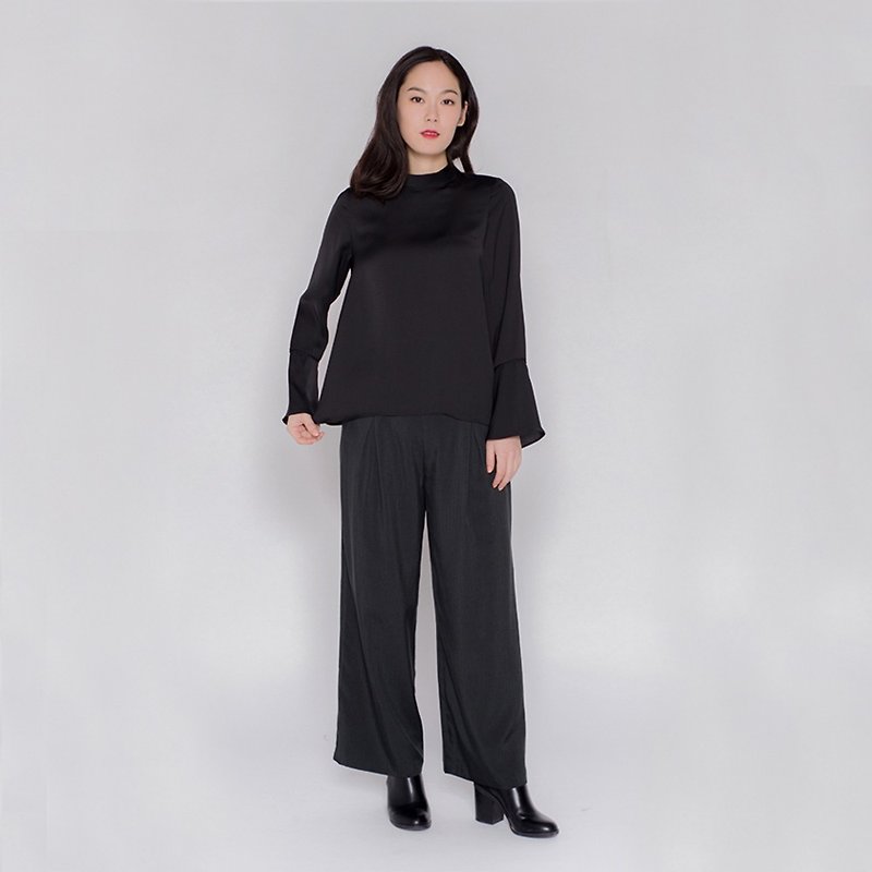 Elegant Nudging Pleated Wide Pants Exquisite Pleated Trousers - กางเกงขายาว - เส้นใยสังเคราะห์ สีดำ
