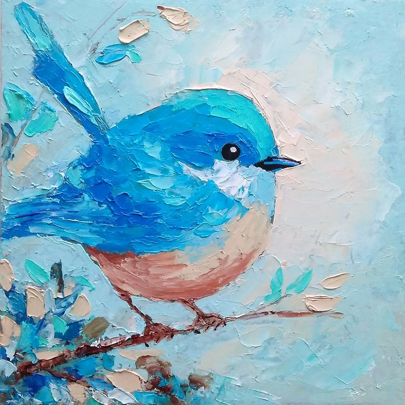 Blue Bird Original Painting Bird Wall Art Animal Artwork Mini Oil Picture, 手工油畫 - Posters - Other Materials Multicolor
