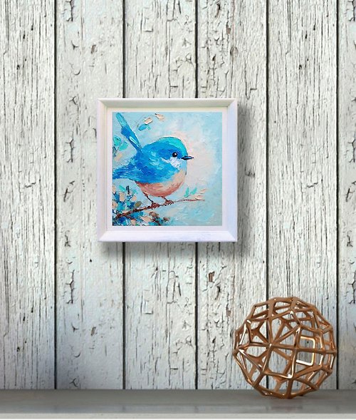 青い鳥原画鳥ウォールアート動物アートワークミニ油絵、手工油絵画 