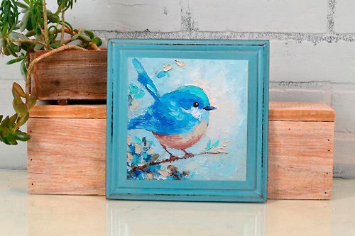 青い鳥原画鳥ウォールアート動物アートワークミニ油絵、手工油絵画 