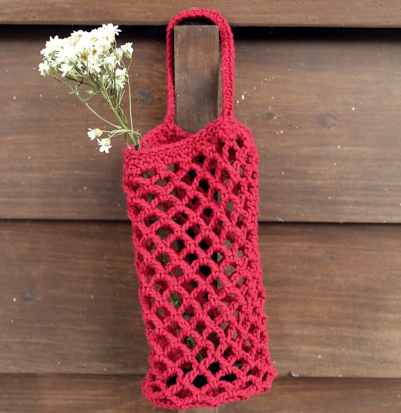 Handmade-Mesh Hand Woven Bag-Drink Bag/Water Bottle Bag - ถุงใส่กระติกนำ้ - ผ้าฝ้าย/ผ้าลินิน สีแดง