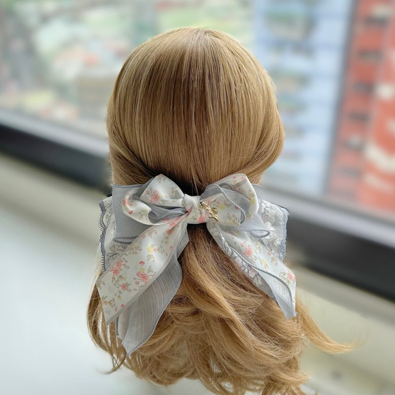 Magazine - exclusive gauze lace bow elastic clip hairpin hair accessories - light gray - เครื่องประดับผม - วัสดุอื่นๆ สีเทา