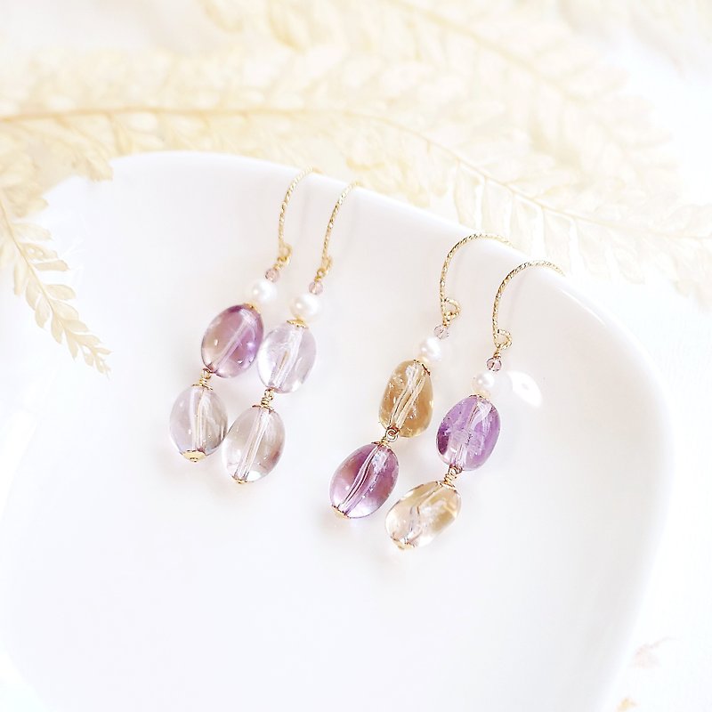Irregular pebble-shaped natural ametrine 14K earrings asymmetrical translucent Clip-On fast shipping - Earrings & Clip-ons - Gemstone Purple
