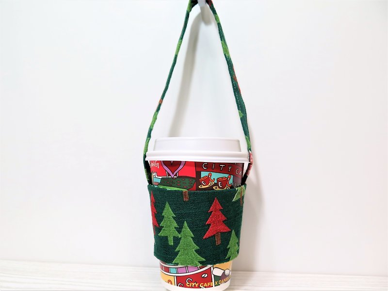 聖誕節專屬/環保飲料杯套.提袋.日本限量印花棉布-聖誕樹(綠) - 杯袋/飲料提袋 - 棉．麻 綠色