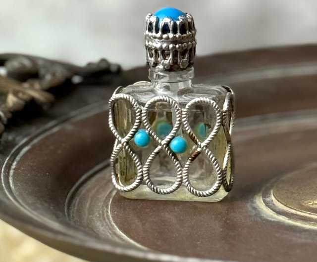 50749-優美なフランスアンティーク 純銀ターコイズ香水瓶 - ショップ