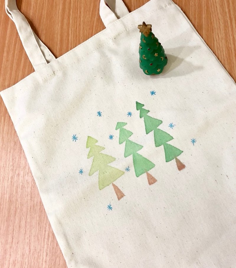 手描きキャンバスバッグ - 雪のクリスマスツリー / プレゼント交換 - トート・ハンドバッグ - その他の素材 グリーン