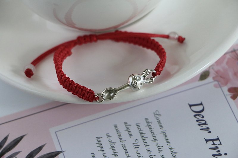 Rabbit sterling silver spoon Wax rope bracelet | 925 sterling silver for baby's first birthday gift - Baby Accessories - Sterling Silver 