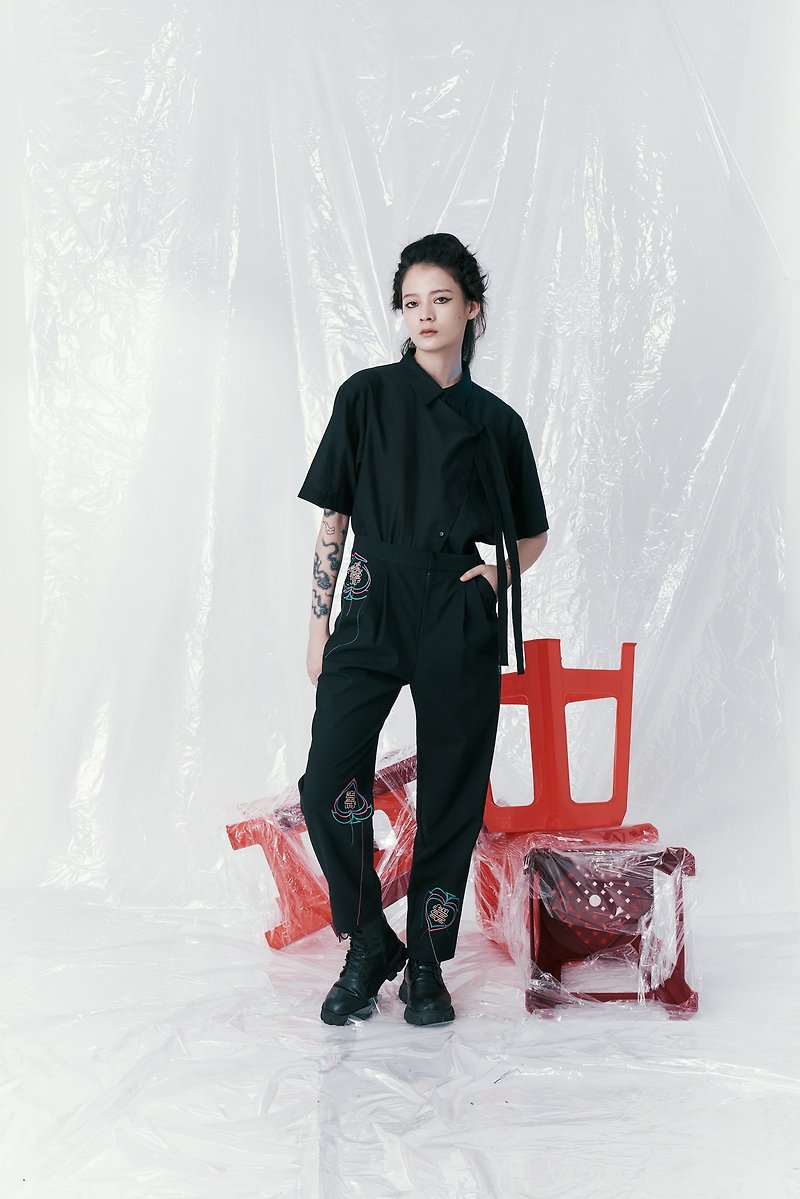 INF 24SS Embroidered Longevity Character Suit Pants - กางเกงขายาว - วัสดุอื่นๆ สีดำ