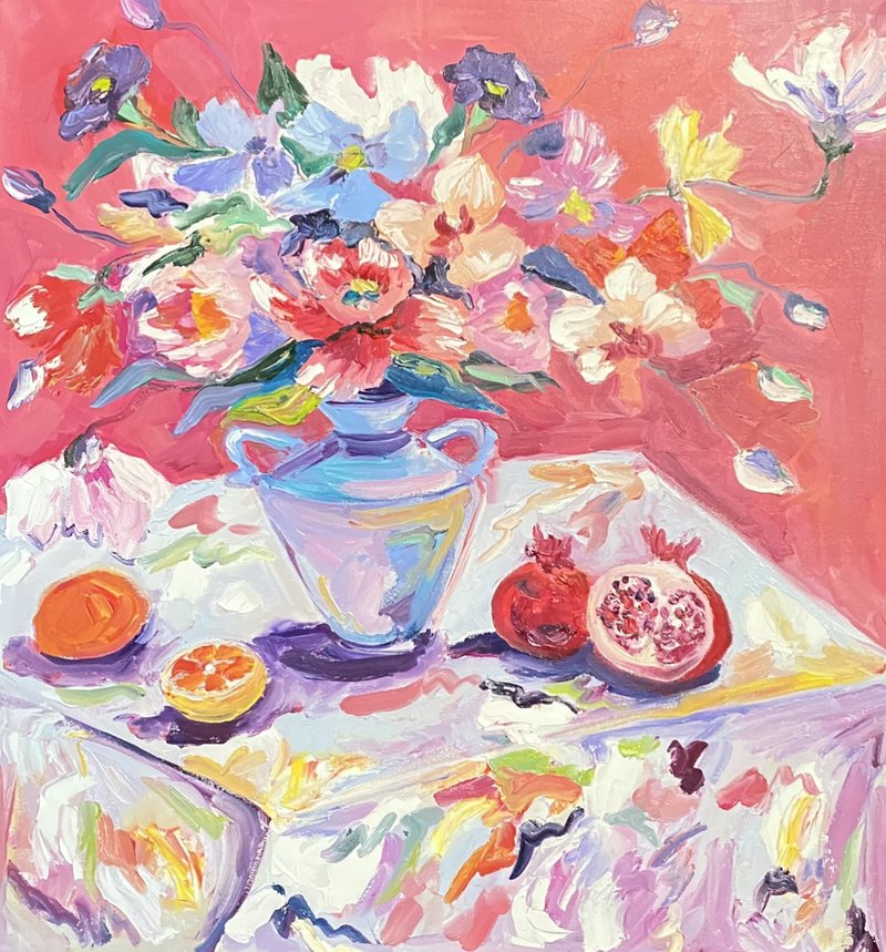 Magnolias and fruits, Original oil painting on canvas, Fauvism art, Flowers art. - ตกแต่งผนัง - อะคริลิค สึชมพู