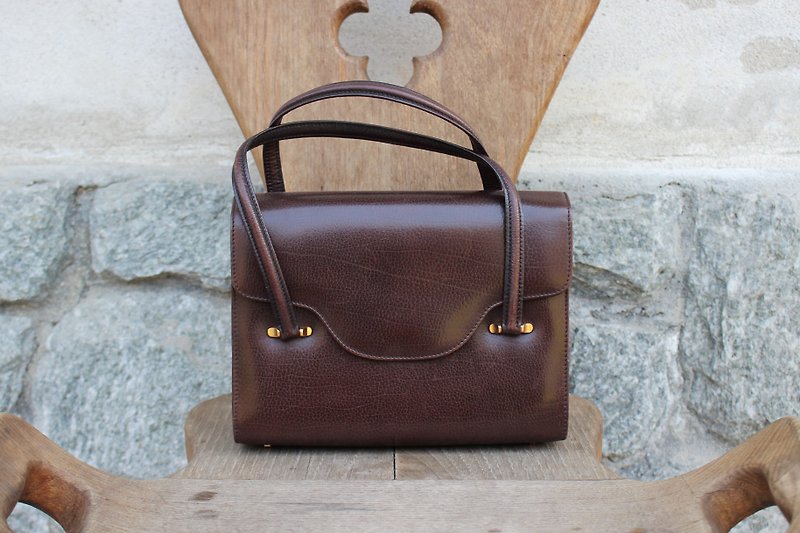 (Made in Italy) (Vintage Bag) MOZZI TORINO Brown elegant hand bag B178 (birthday gift Valentine's Day gift) - Handbags & Totes - Genuine Leather Brown